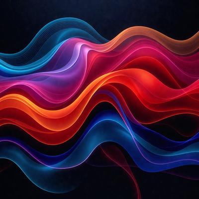 The primary subject of the image is a colorful, abstract wave pattern. The setting is a dark background, which contrasts with the vibrant colors of the wave pattern. The visual style is a combination of digital art and illustration, creating a dynamic and eye-catching design. The dominant colors are red, blue, and orange, which together create a lively and energetic atmosphere.